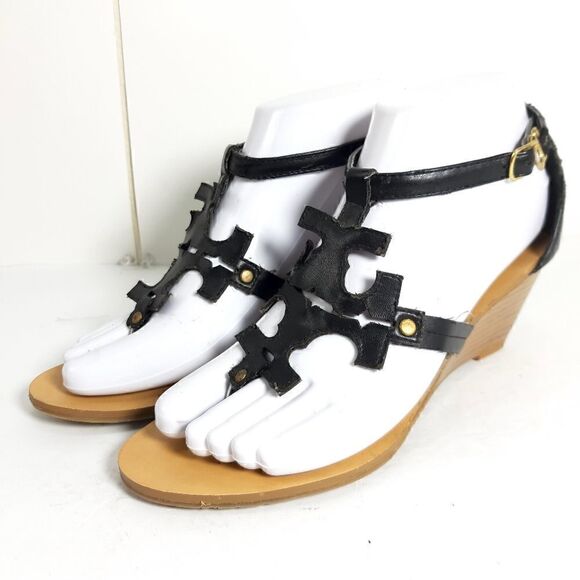 TORY BURCH Women's Black Tumbled leather Wedge slingback Sandals US6,5 EU 37 - Picture 2 of 12